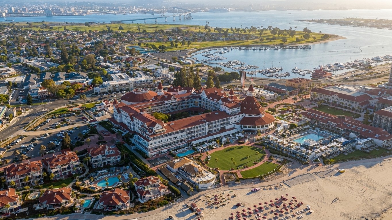 PurFrame refined aerial of 1500 Orange Ave, Coronado CA · Hotel del Coronado
