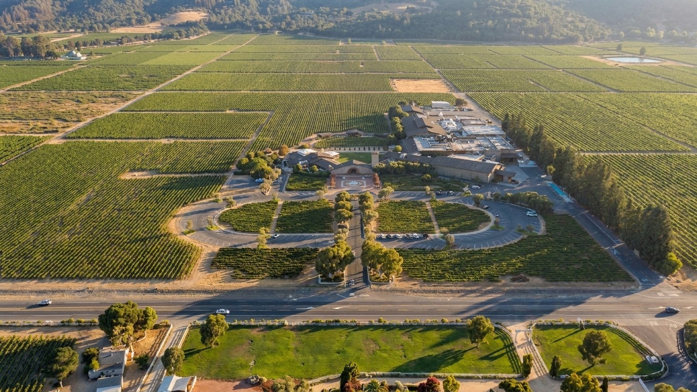 PurFrame refined aerial of 7801 St Helena Hwy, Oakville CA · Robert Mondavi Winery
