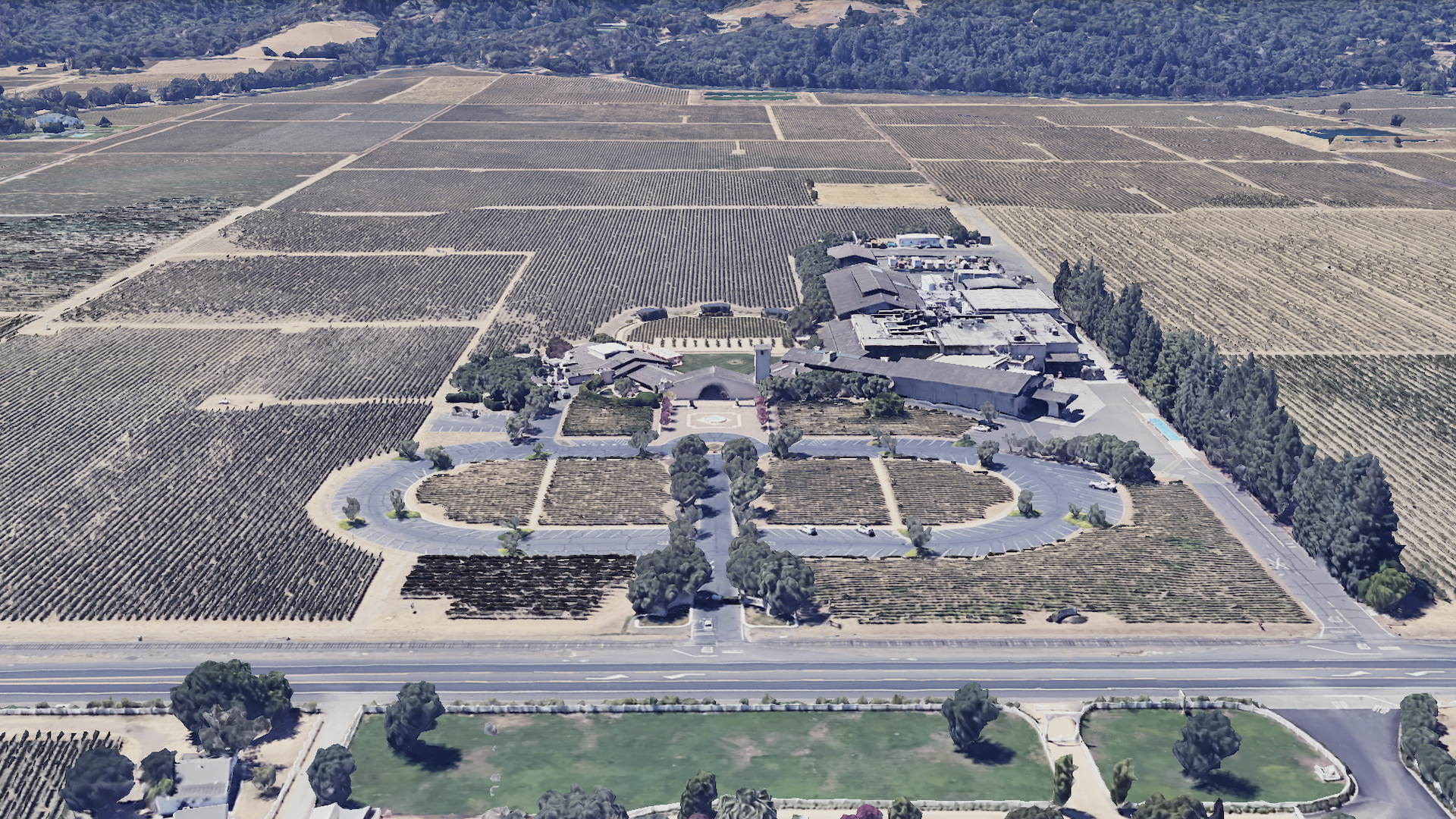 Google 3D tile view of 7801 St Helena Hwy, Oakville CA · Robert Mondavi Winery