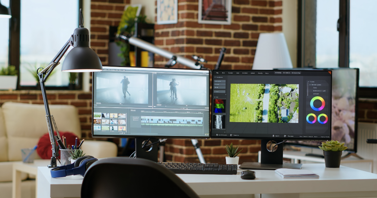 Professional video editing workstation with multiple monitors